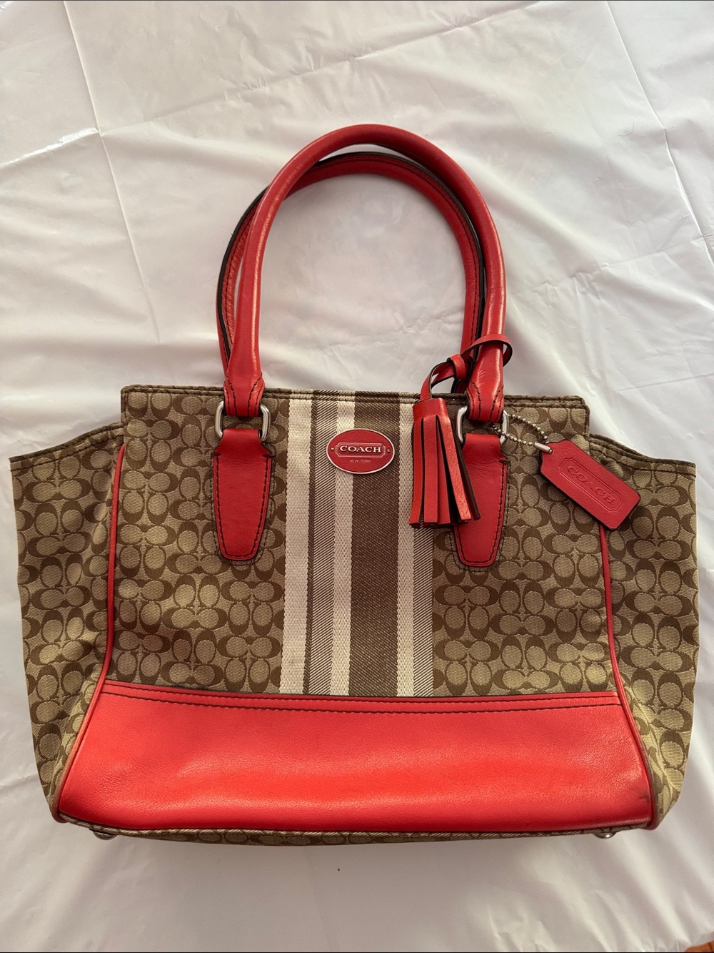 Coach Tan Signature Tote with Orange Leather Accents